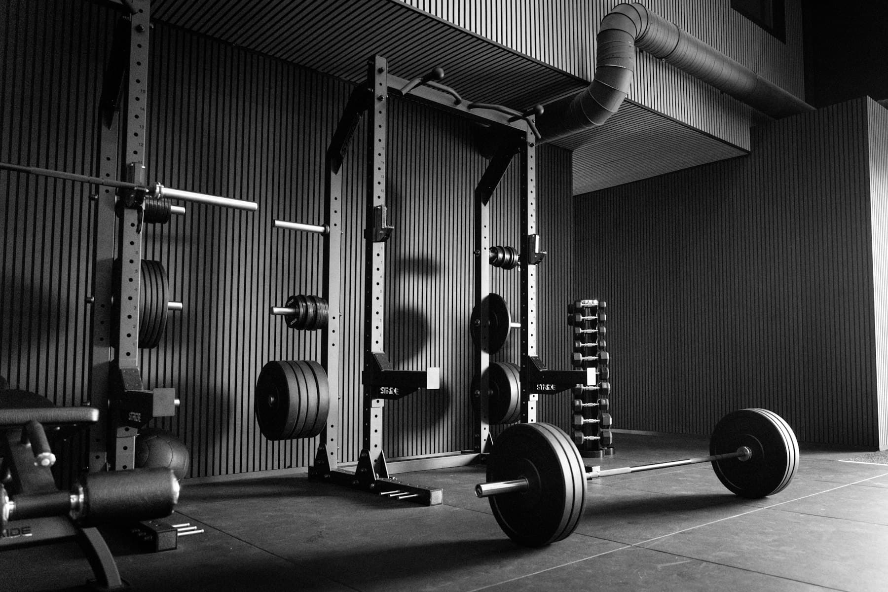 Racks and barbells on the gym floor